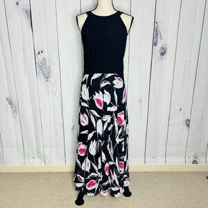 52seven Black Floral Maxi Halter Dress Sz 14 Keyhole Back Sleeveless Stretch